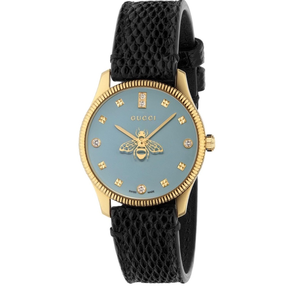 Gucci woman’s swiss G timeless slim diamond Black Leather Strap Watch 29mm